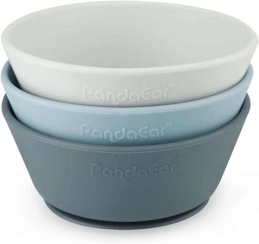 PandaEar 3 Pack Baby Bowls with Suction| Silicone Bowls First Stage Feeding for Baby Infant Kids| Food Grade Soft Safe BPA - Free Suction Bowls for Toddlers - Blue/Gray - LittleTreasures