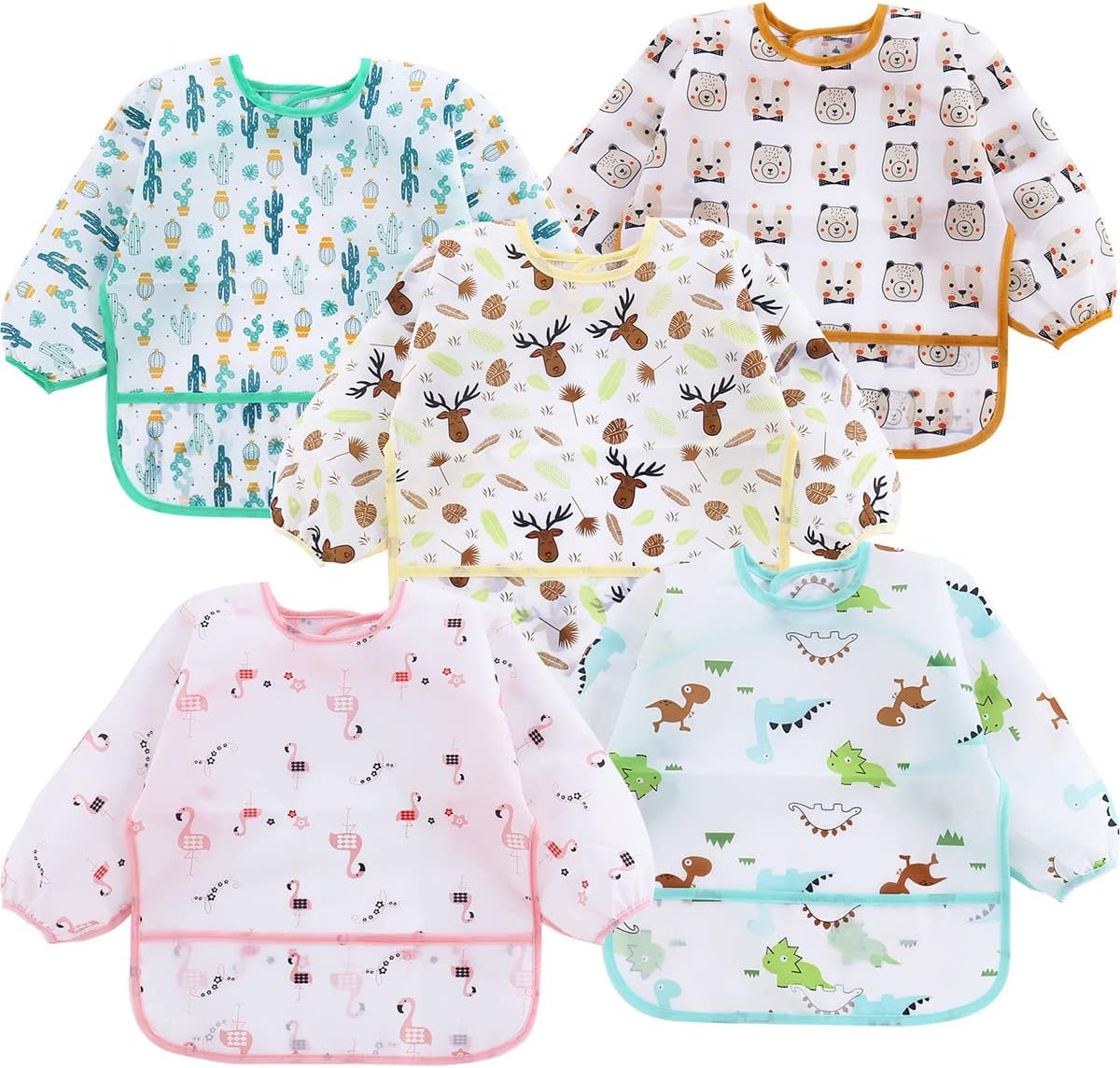 PandaEar 5 Pack Baby Bibs with Long Sleeves| Baby Feeding Bibs Smock for Eating| Full Bib for Infant Toddler 6 - 24 Months - LittleTreasures