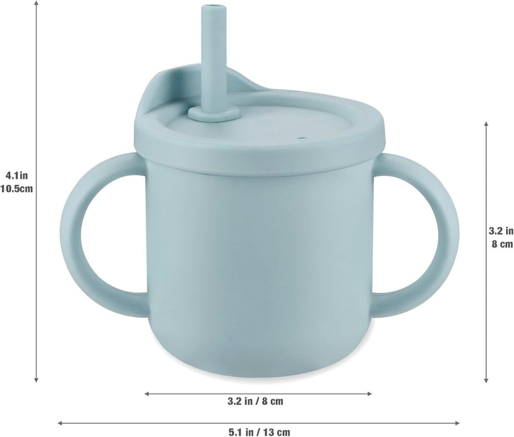 PandaEar Silicone Baby Feeding Set| 2 Pack Silicone Divided Suction Plate and 2 Pack Tiny Cup with 2 Spoons 2 Forks| Baby Led Weaning Supplies Self Feeding Eating Utensils (Light Blue/Light Green) - LittleTreasures