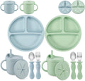 PandaEar Silicone Baby Feeding Set| 2 Pack Silicone Divided Suction Plate and 2 Pack Tiny Cup with 2 Spoons 2 Forks| Baby Led Weaning Supplies Self Feeding Eating Utensils (Light Blue/Light Green) - LittleTreasures
