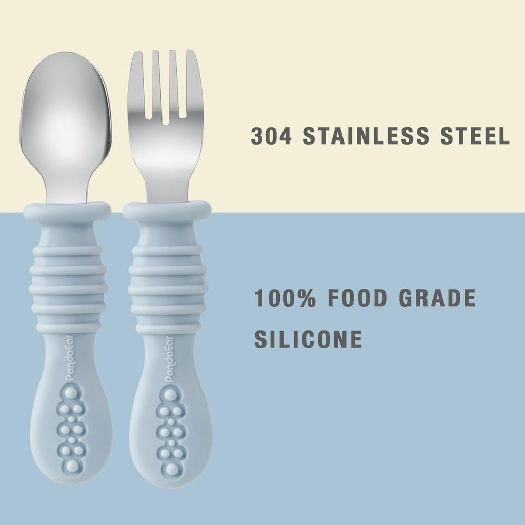 PandaEar Silicone Baby Feeding Set| 2 Pack Silicone Divided Suction Plate and 2 Pack Tiny Cup with 2 Spoons 2 Forks| Baby Led Weaning Supplies Self Feeding Eating Utensils (Light Blue/Light Green) - LittleTreasures