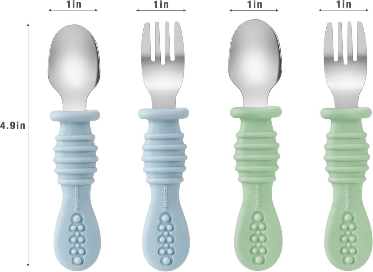 PandaEar Silicone Baby Feeding Set| 2 Pack Silicone Divided Suction Plate and 2 Pack Tiny Cup with 2 Spoons 2 Forks| Baby Led Weaning Supplies Self Feeding Eating Utensils (Light Blue/Light Green) - LittleTreasures