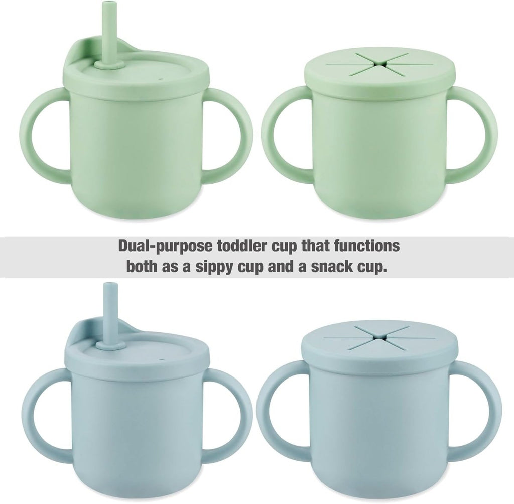 PandaEar Silicone Baby Feeding Set| 2 Pack Silicone Divided Suction Plate and 2 Pack Tiny Cup with 2 Spoons 2 Forks| Baby Led Weaning Supplies Self Feeding Eating Utensils (Light Blue/Light Green) - LittleTreasures