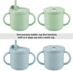 PandaEar Silicone Baby Feeding Set| 2 Pack Silicone Divided Suction Plate and 2 Pack Tiny Cup with 2 Spoons 2 Forks| Baby Led Weaning Supplies Self Feeding Eating Utensils (Light Blue/Light Green) - LittleTreasures