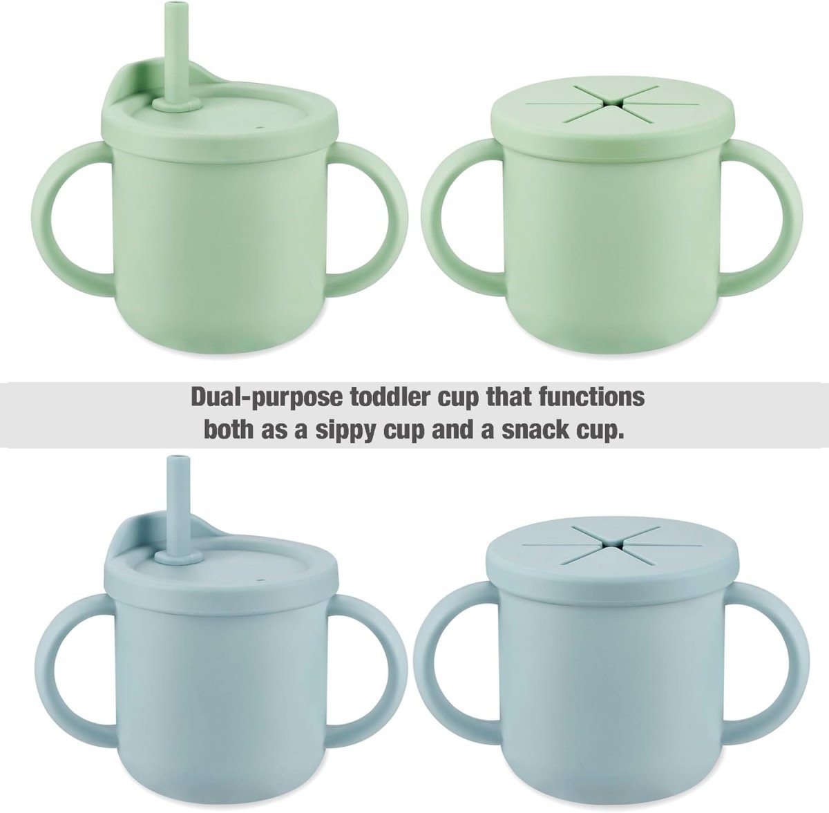 PandaEar Silicone Baby Feeding Set| 2 Pack Silicone Divided Suction Plate and 2 Pack Tiny Cup with 2 Spoons 2 Forks| Baby Led Weaning Supplies Self Feeding Eating Utensils (Light Blue/Light Green) - LittleTreasures