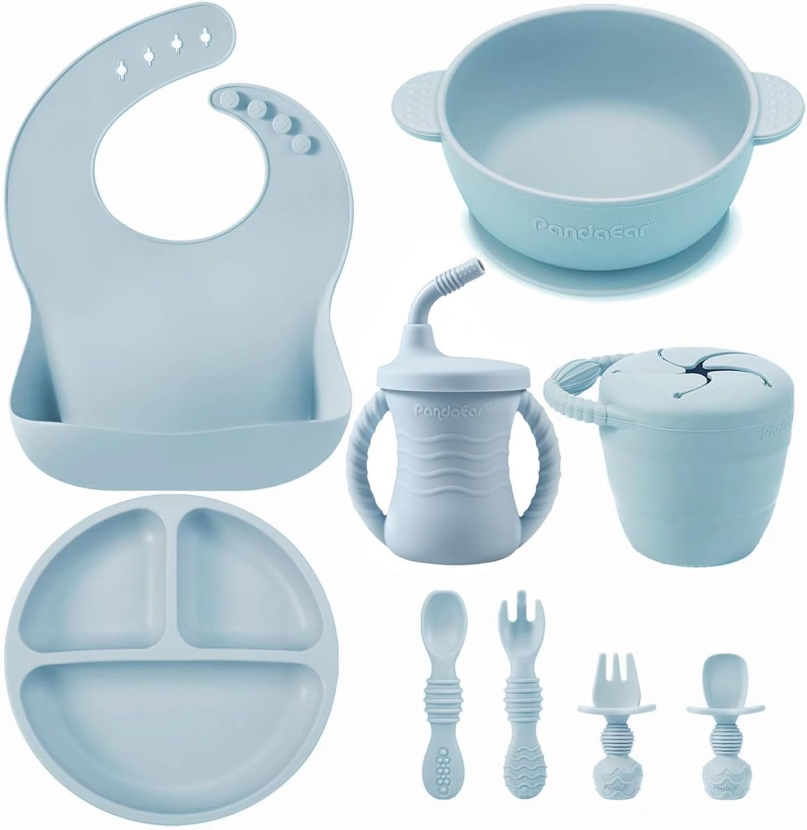 PandaEar Silicone Baby Feeding Set | 9PCS Baby Led Weaning Supplies Self Feeding Utensils | Divided Suction Plate Bowl Bibs Sippy Cup with Baby Snack Container Spoons Forks (Blue) - LittleTreasures