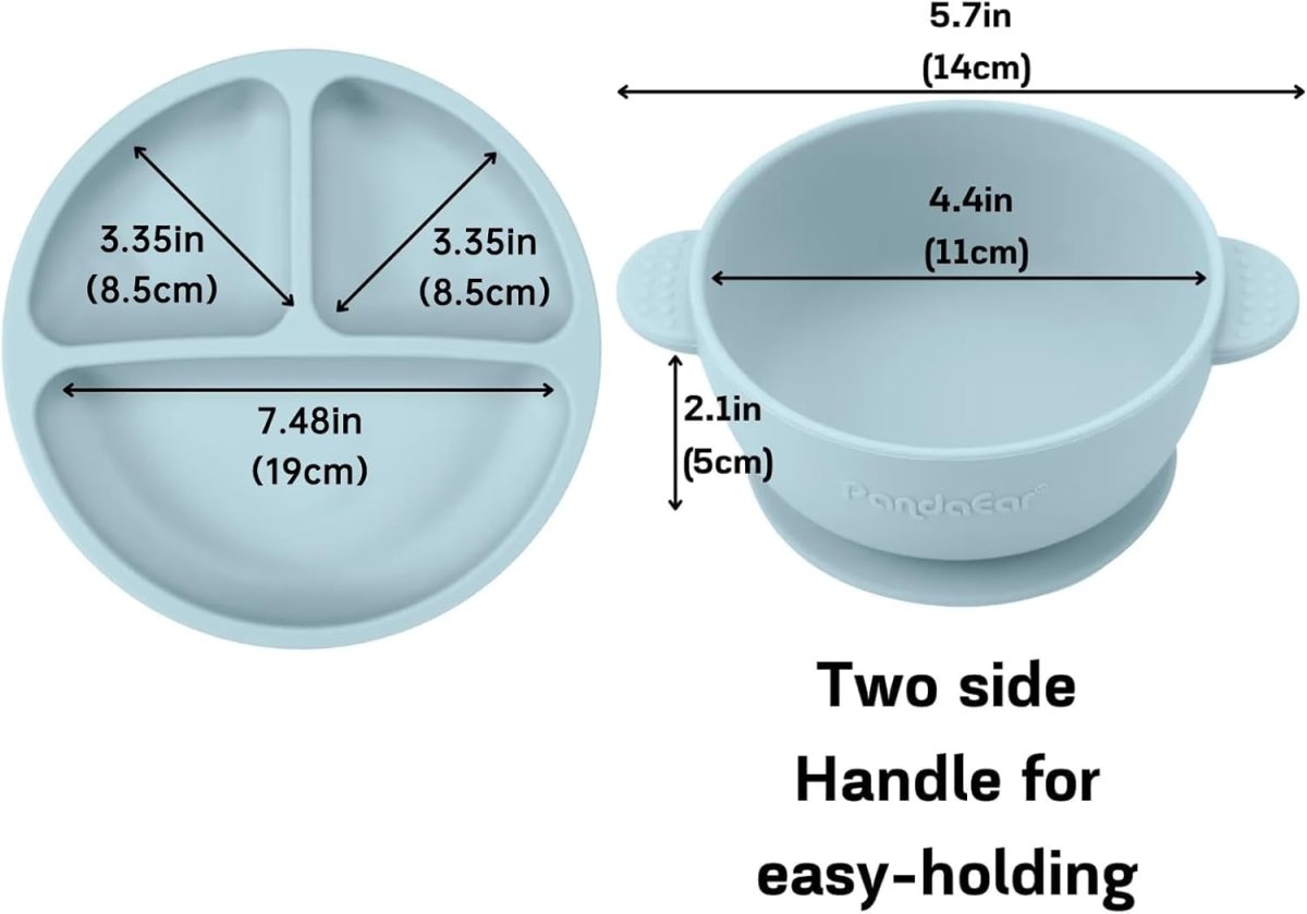 PandaEar Silicone Baby Feeding Set | 9PCS Baby Led Weaning Supplies Self Feeding Utensils | Divided Suction Plate Bowl Bibs Sippy Cup with Baby Snack Container Spoons Forks (Blue) - LittleTreasures