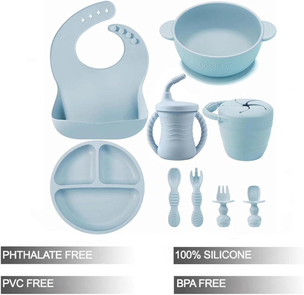 PandaEar Silicone Baby Feeding Set | 9PCS Baby Led Weaning Supplies Self Feeding Utensils | Divided Suction Plate Bowl Bibs Sippy Cup with Baby Snack Container Spoons Forks (Blue) - LittleTreasures