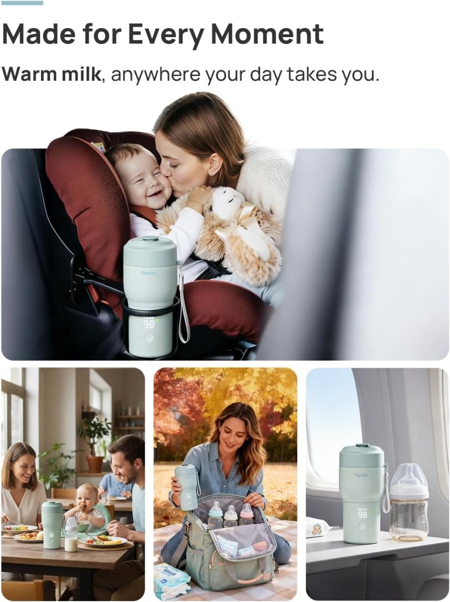 Papablic Pro Portable Bottle Warmer — 115W Fastest Heating, Built - in Sterilizer, 8 Feeds per Charge, 5 Temp Settings + Keep Warm, for Breastmilk & Formula, Mint Green - LittleTreasures