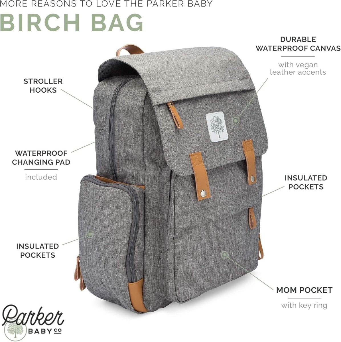 Parker Baby Diaper Backpack - Insulated Pockets, Stroller Strap, Laptop Pocket, Changing Pad, Waterproof Backpack "Birch Bag" - LittleTreasures