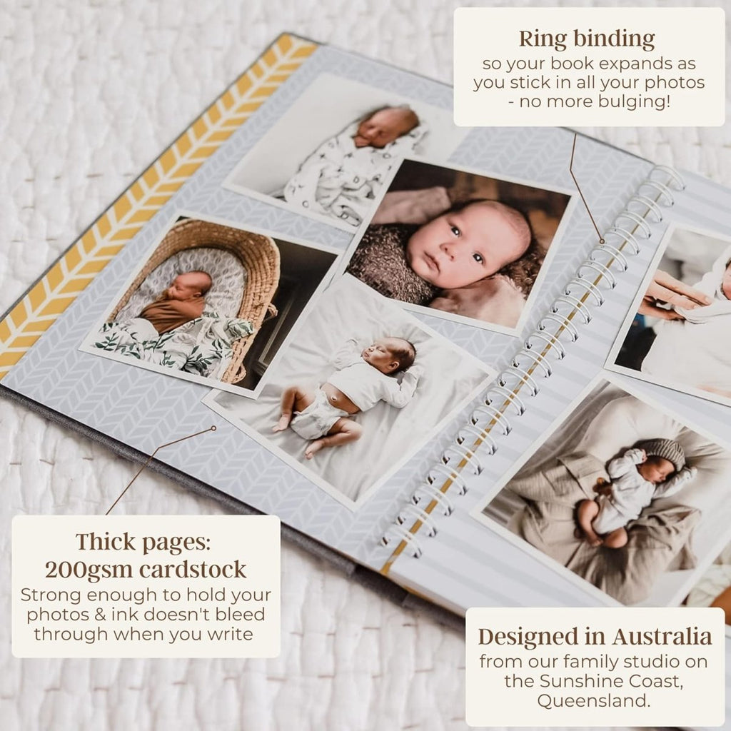 Peachly Minimalist Baby Memory Book | First Year Keepsake for Milestones | Simple Scrapbook for Boy or Girl | 60 Pages Grey Linen - Scandi - LittleTreasures