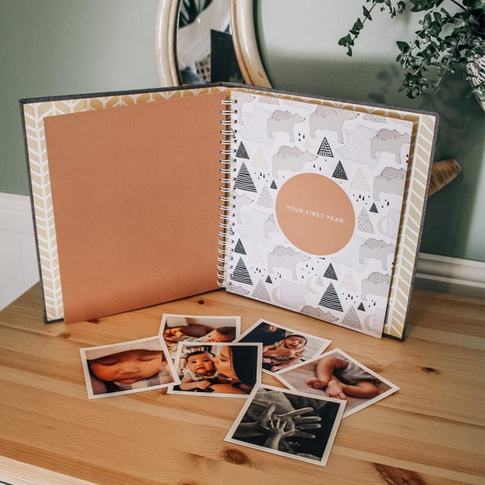 Peachly Minimalist Baby Memory Book | First Year Keepsake for Milestones | Simple Scrapbook for Boy or Girl | 60 Pages Grey Linen - Scandi - LittleTreasures