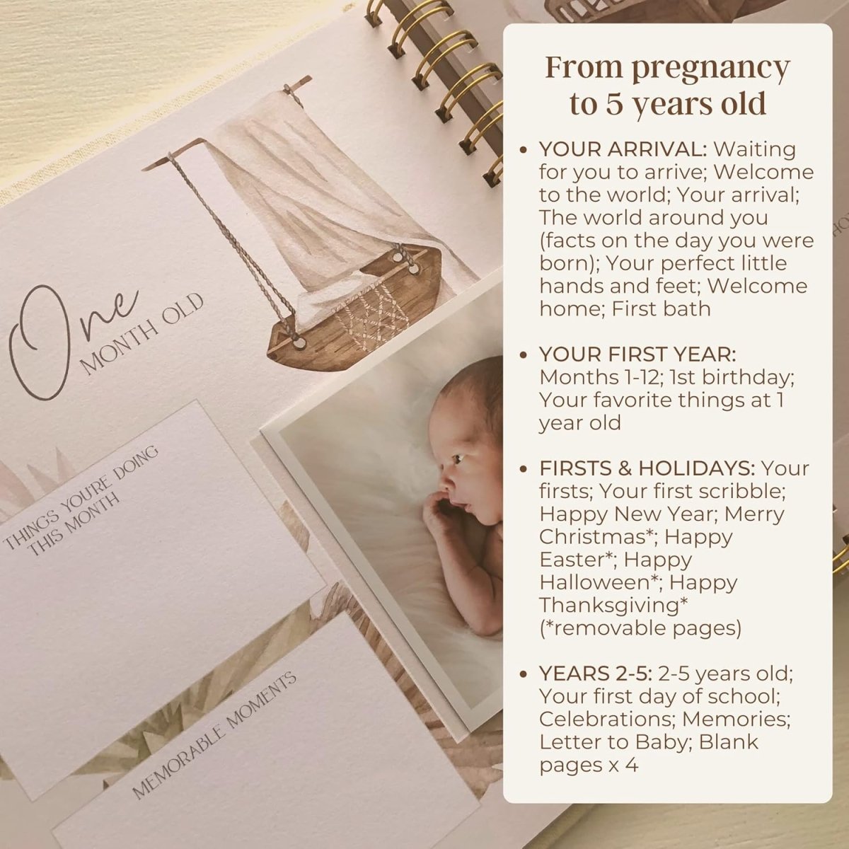 Peachly Unisex Baby Memory Book, Minimalist Baby First Year Keepsake for Milestones, Simple Baby Scrapbook for Boy Girl Milestones, Natural Linen (Haven) - LittleTreasures