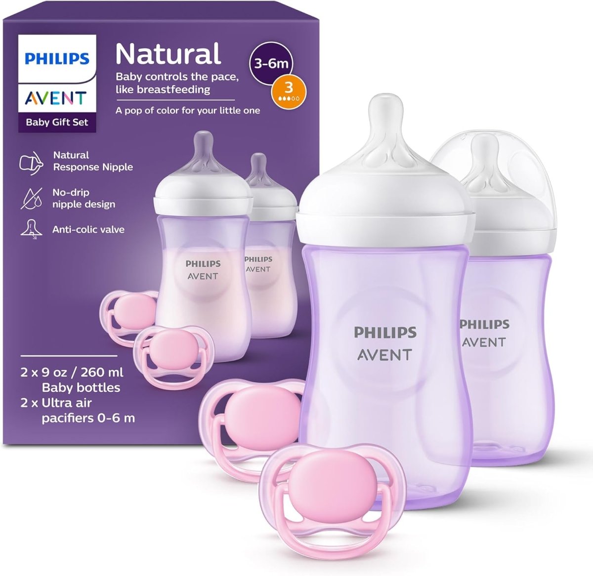 Philips Avent Natural Baby Gift Set, 2x 9oz Bottles with Natural Response Nipples (Medium Flow, Flow 3), 2x Ultra Air Pacifiers, Pink, SCD837/01 - LittleTreasures