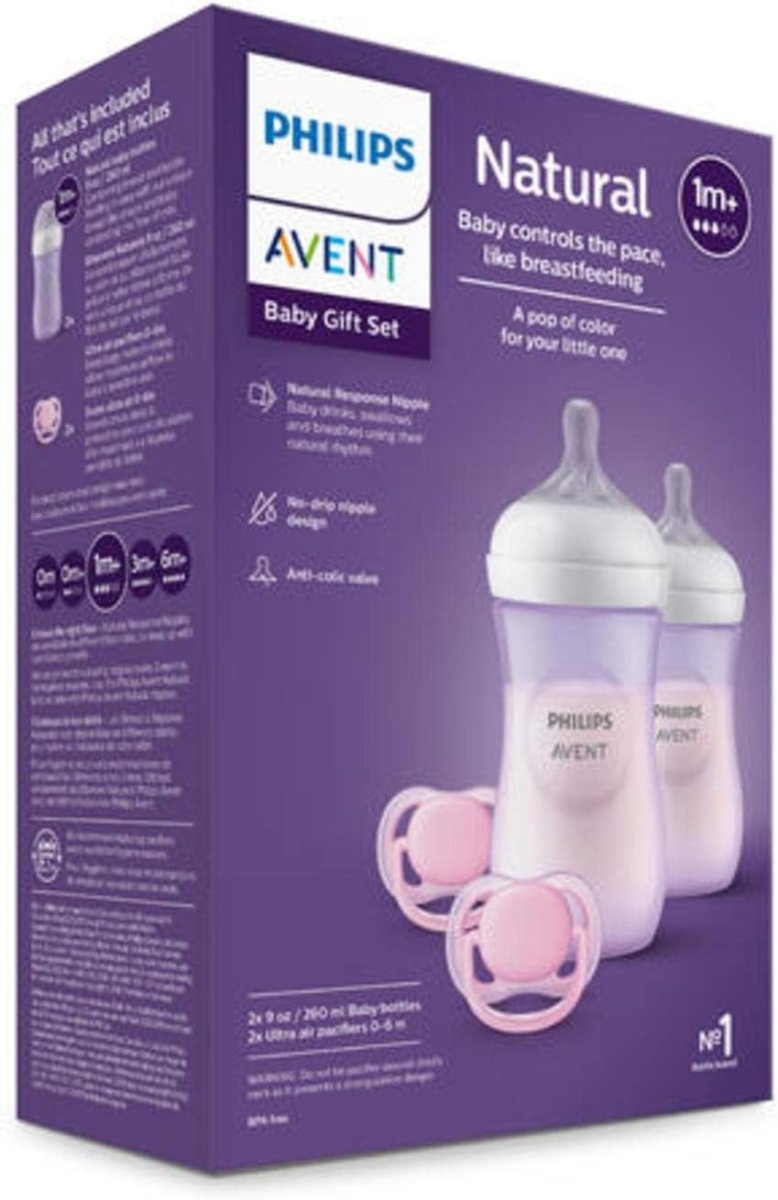 Philips Avent Natural Baby Gift Set, 2x 9oz Bottles with Natural Response Nipples (Medium Flow, Flow 3), 2x Ultra Air Pacifiers, Pink, SCD837/01 - LittleTreasures