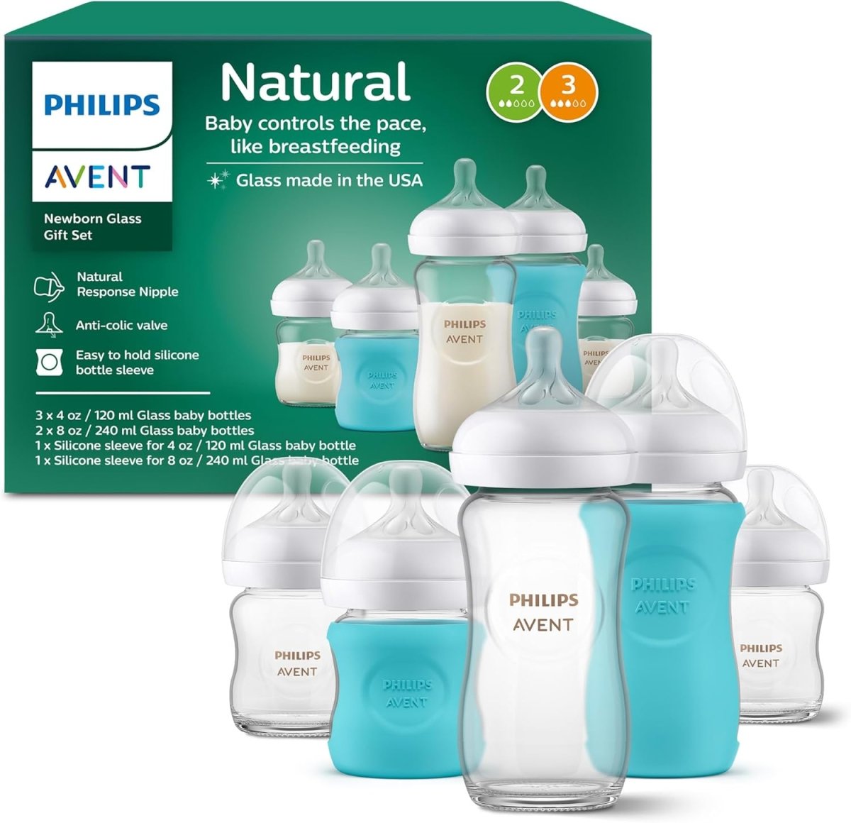 Philips Avent Natural Newborn Glass Gift Set, Baby Bottles with Natural Response Nipples, 3x 4oz (Slow Flow, Flow 2) and 2x 8oz (Medium Flow, Flow 3), 2x Silicone Sleeves, SCD858/01 - LittleTreasures