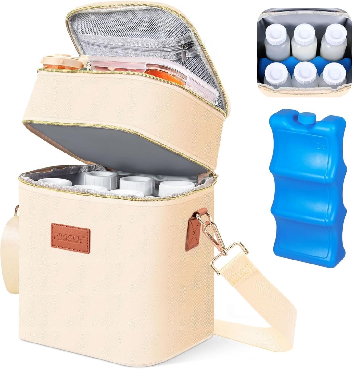 PIIOSER Breastmilk Cooler Bag with Ice Pack Fits 6 Baby Bottles Up to 9 Ounce, Insulated Baby Bottle Tote Bags, Double Layer Waterproof Leak - Proof with Shoulder Strap for Nursing &Working Mom - LittleTreasures