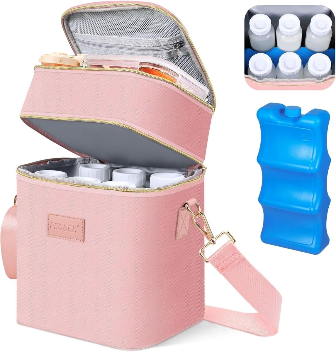 PIIOSER Breastmilk Cooler Bag with Ice Pack Fits 6 Baby Bottles Up to 9 Ounce, Insulated Baby Bottle Tote Bags, Double Layer Waterproof Leak - Proof with Shoulder Strap for Nursing &Working Mom - LittleTreasures