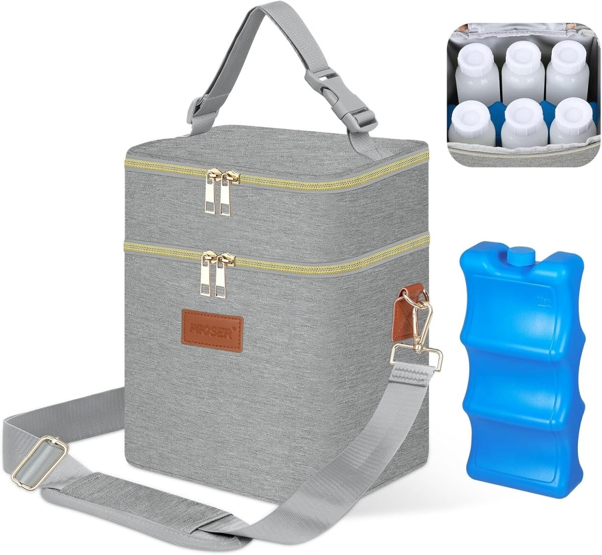 PIIOSER Breastmilk Cooler Bag with Ice Pack Fits 6 Baby Bottles Up to 9 Ounce, Insulated Baby Bottle Tote Bags, Double Layer Waterproof Leak - Proof with Shoulder Strap for Nursing &Working Mom - LittleTreasures