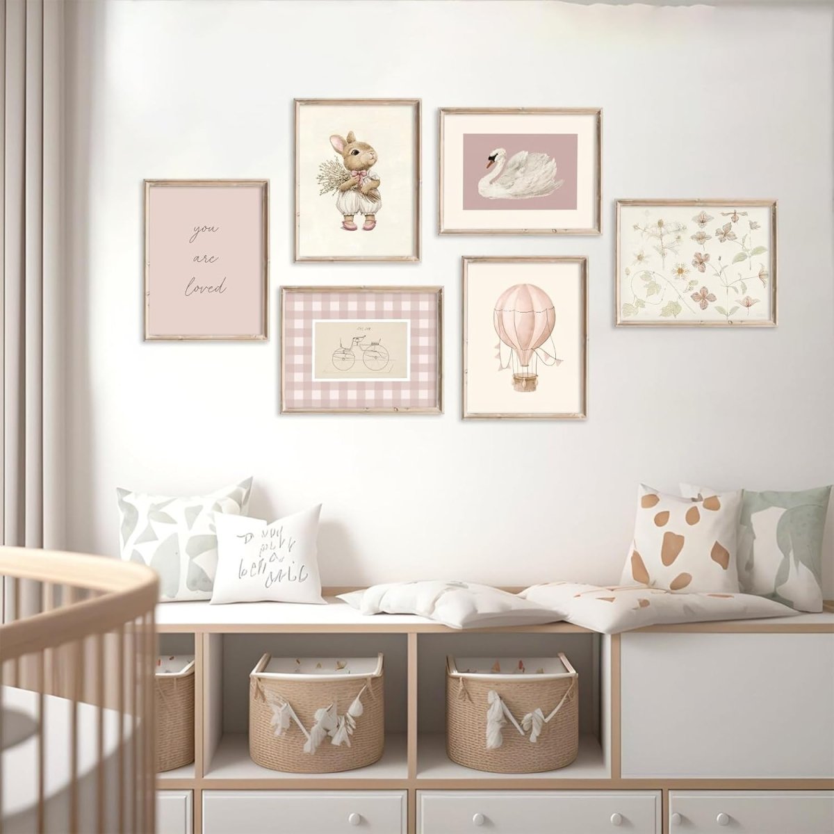 Pink Nursery Wall Art Baby Girl Canvas Wall Decor Vintage Poster Bunny Flower Wall Art Antique Preppy Pictures Animal Floral Prints Kids Swans Painting for Girls Room Bedroom 8x10x6 Inch Unframed - LittleTreasures