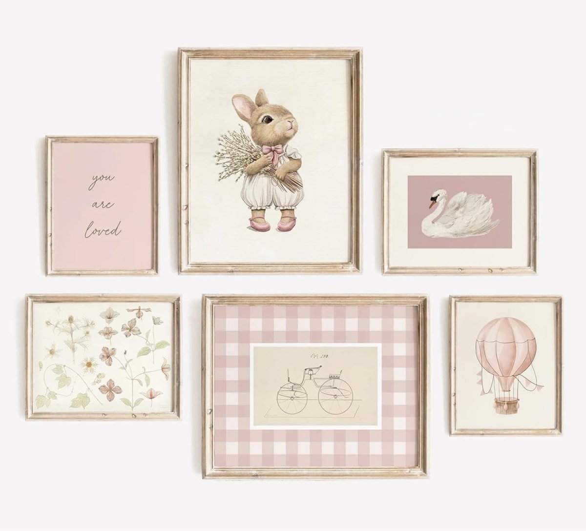 Pink Nursery Wall Art Baby Girl Canvas Wall Decor Vintage Poster Bunny Flower Wall Art Antique Preppy Pictures Animal Floral Prints Kids Swans Painting for Girls Room Bedroom 8x10x6 Inch Unframed - LittleTreasures