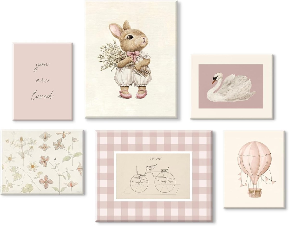 Pink Nursery Wall Art Baby Girl Canvas Wall Decor Vintage Poster Bunny Flower Wall Art Antique Preppy Pictures Animal Floral Prints Kids Swans Painting for Girls Room Bedroom 8x10x6 Inch Unframed - LittleTreasures