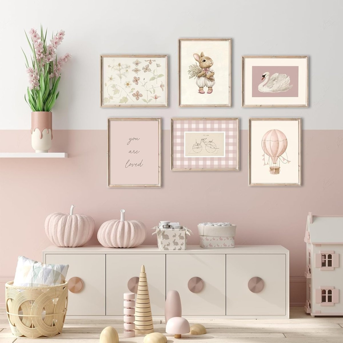 Pink Nursery Wall Art Baby Girl Canvas Wall Decor Vintage Poster Bunny Flower Wall Art Antique Preppy Pictures Animal Floral Prints Kids Swans Painting for Girls Room Bedroom 8x10x6 Inch Unframed - LittleTreasures