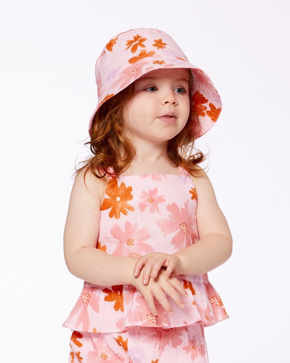 Printed Muslin Bucket Hat Pink And Coral Flowers - LittleTreasures