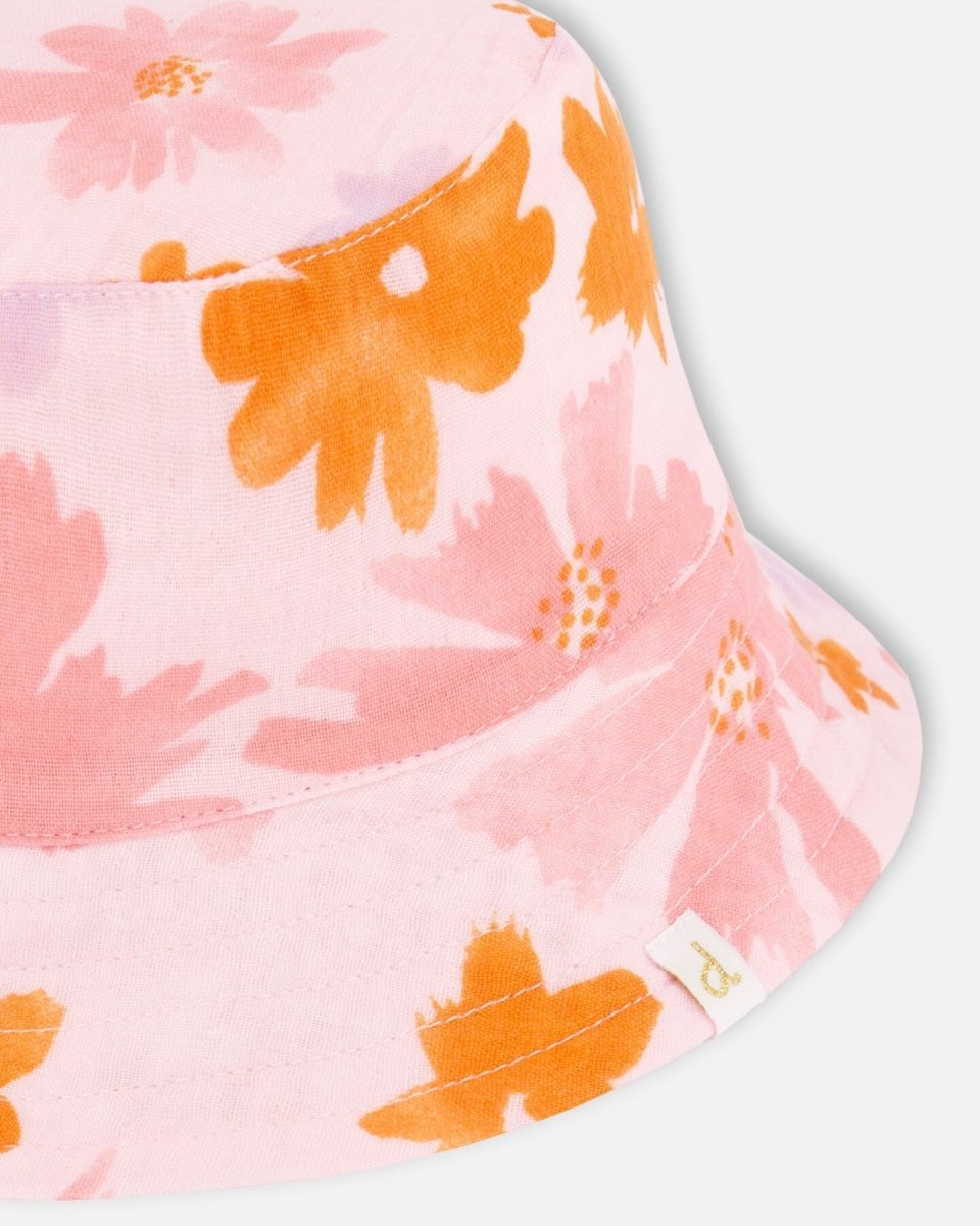 Printed Muslin Bucket Hat Pink And Coral Flowers - LittleTreasures