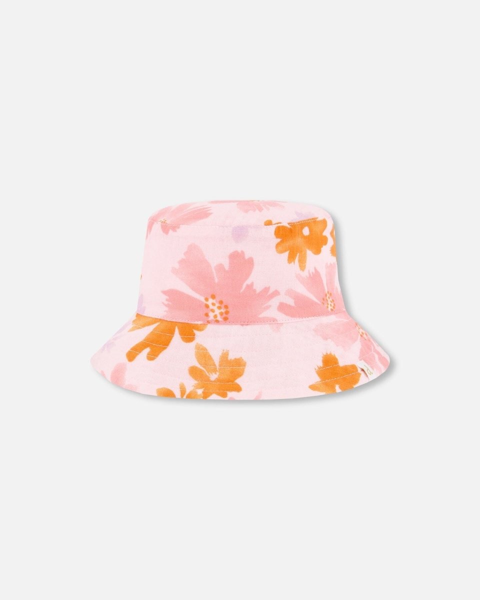 Printed Muslin Bucket Hat Pink And Coral Flowers - LittleTreasures