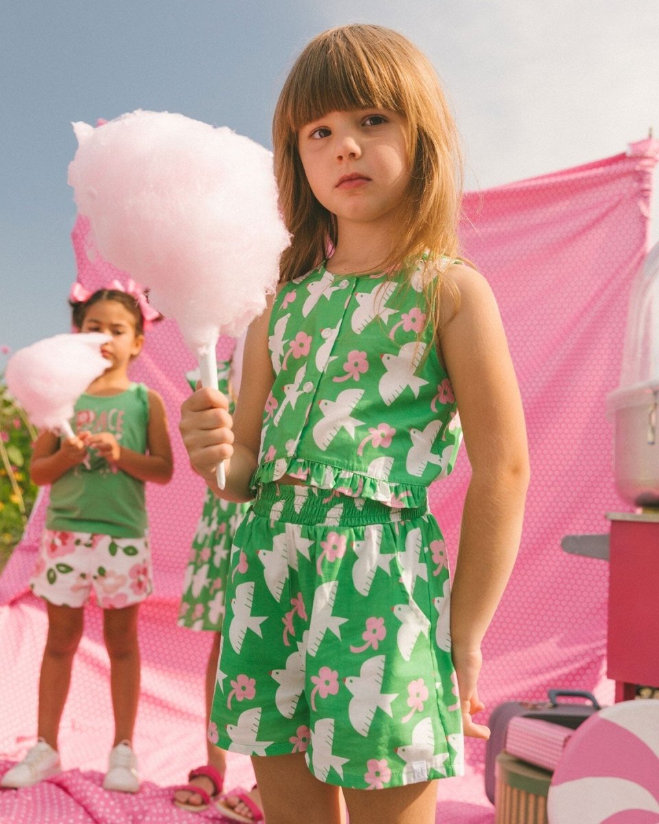 Printed Romper With Frills Green With White And Pink Bird - LittleTreasures