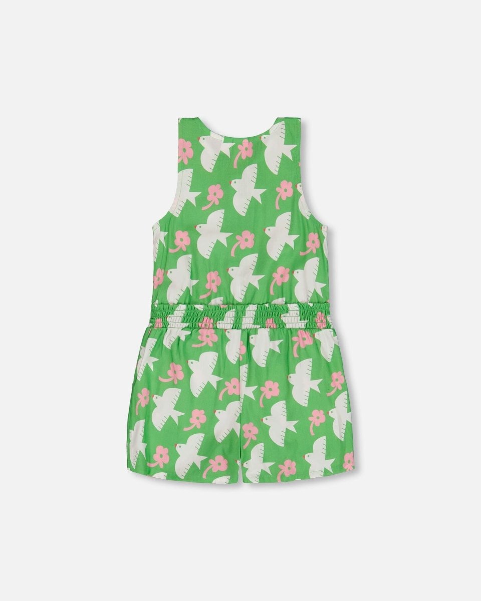 Printed Romper With Frills Green With White And Pink Bird - LittleTreasures