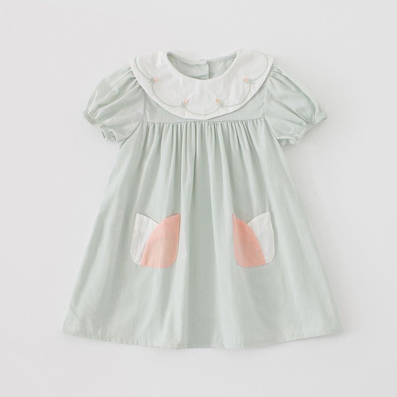 Summer Kids Girls Casual Style Floral Embroidered Collar Short Sleeves Dress