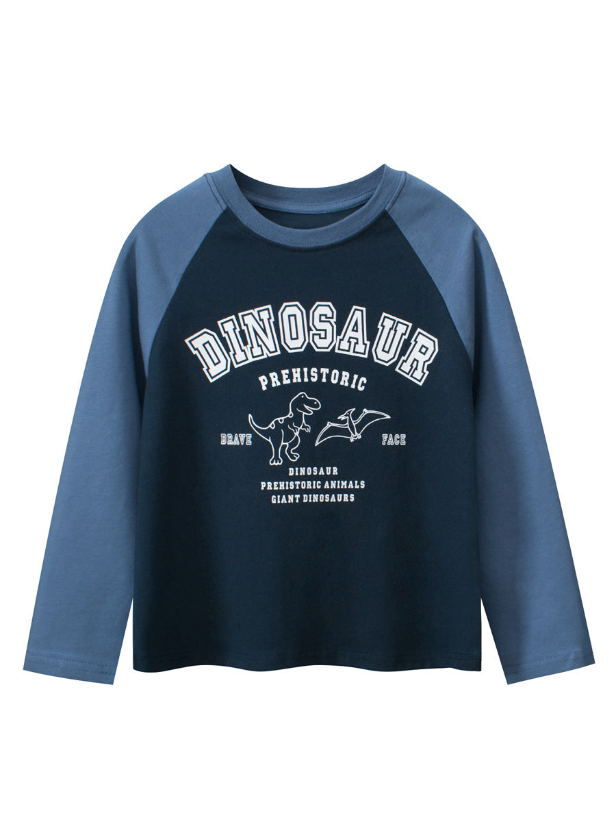 Autumn Arrival Kids Cartoon Print Crew Neck Long Sleeves Color Patchwork Shirt