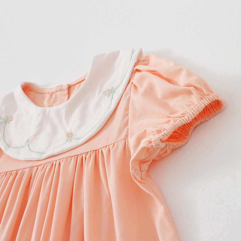 Summer Kids Girls Casual Style Floral Embroidered Collar Short Sleeves Dress