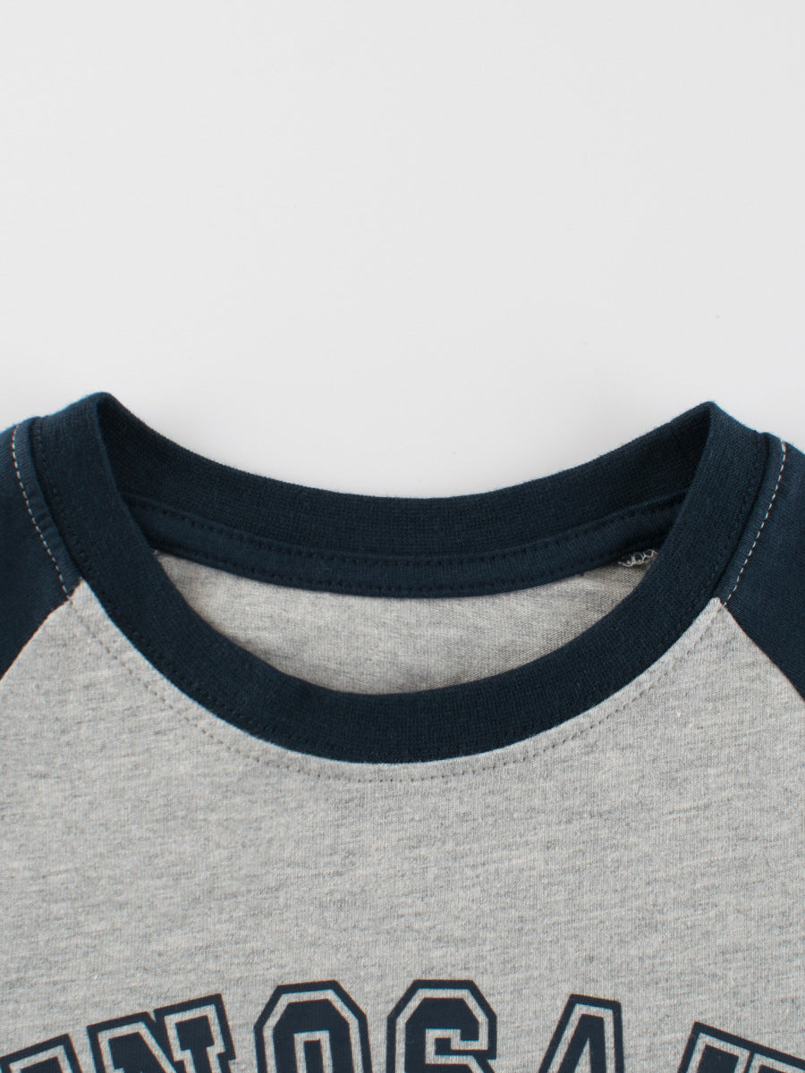 Autumn Arrival Kids Cartoon Print Crew Neck Long Sleeves Color Patchwork Shirt