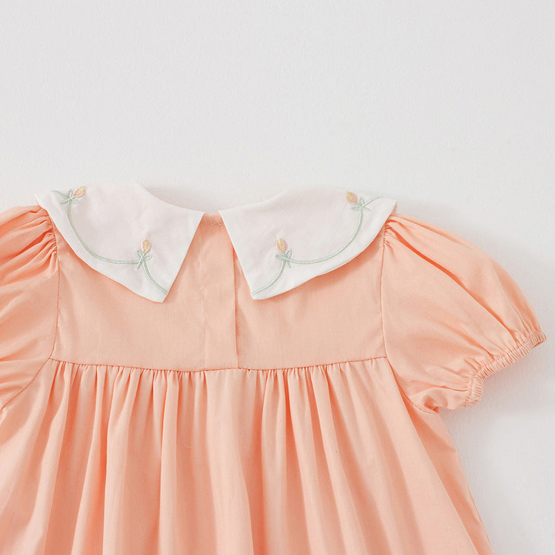 Summer Kids Girls Casual Style Floral Embroidered Collar Short Sleeves Dress