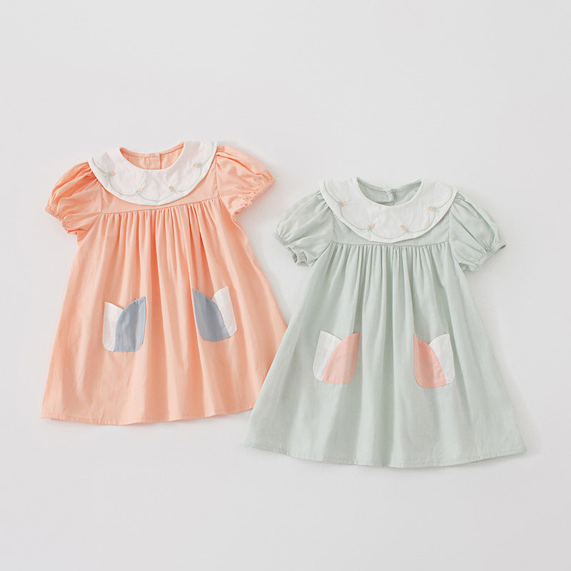 Summer Kids Girls Casual Style Floral Embroidered Collar Short Sleeves Dress