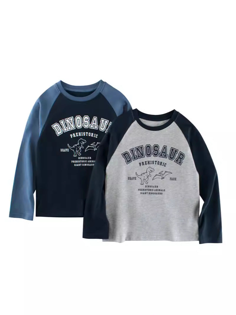 Autumn Arrival Kids Cartoon Print Crew Neck Long Sleeves Color Patchwork Shirt