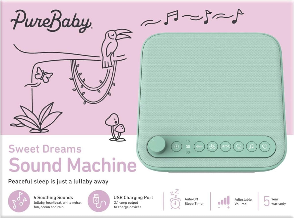 Pure Enrichment® WAVE™ Baby Soothing Sound Machine - All - Natural Sounds Include Lullaby, Heartbeat, White Noise, Fan, Ocean, and Rain, With Auto - Off Timer & USB Charger - Patented Design (Mint Green) - LittleTreasures