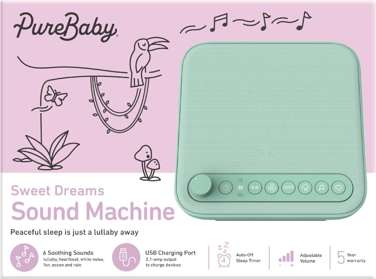 Pure Enrichment® WAVE™ Baby Soothing Sound Machine - All - Natural Sounds Include Lullaby, Heartbeat, White Noise, Fan, Ocean, and Rain, With Auto - Off Timer & USB Charger - Patented Design (Mint Green) - LittleTreasures