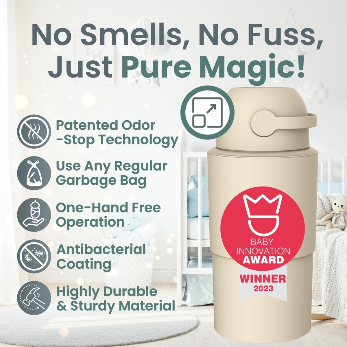 Pure Magic Baby Diaper Pail - Heka, Patented Odor - Stop System, Collapsible, Use Any Garbage Bag, One Hand Free Lever, 1 Roll of Bag incld. (Large, Blush Pink) - LittleTreasures