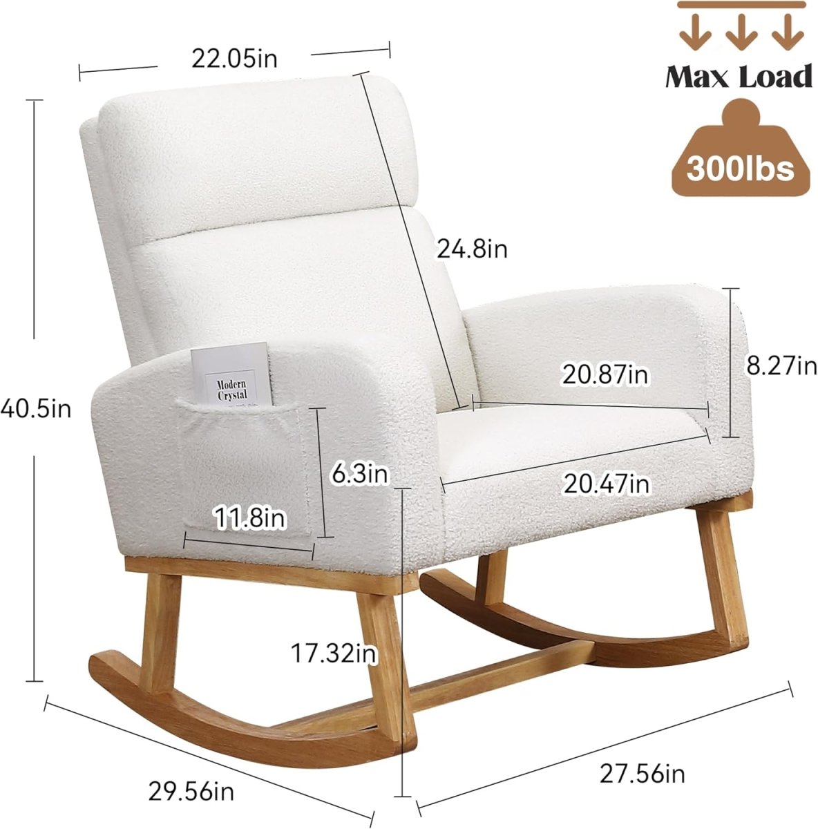 Rocking Chair Nursery, Glider Rocking Chair for Nursing, Upholstered Nursery Rocker with Side Pocket and High Back for Living Room Bedroom,Teddy White - LittleTreasures