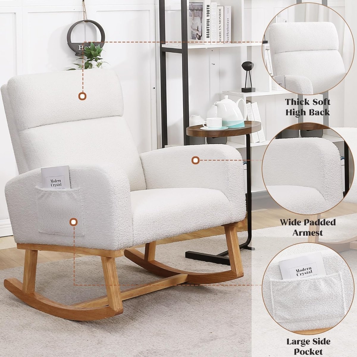 Rocking Chair Nursery, Glider Rocking Chair for Nursing, Upholstered Nursery Rocker with Side Pocket and High Back for Living Room Bedroom,Teddy White - LittleTreasures