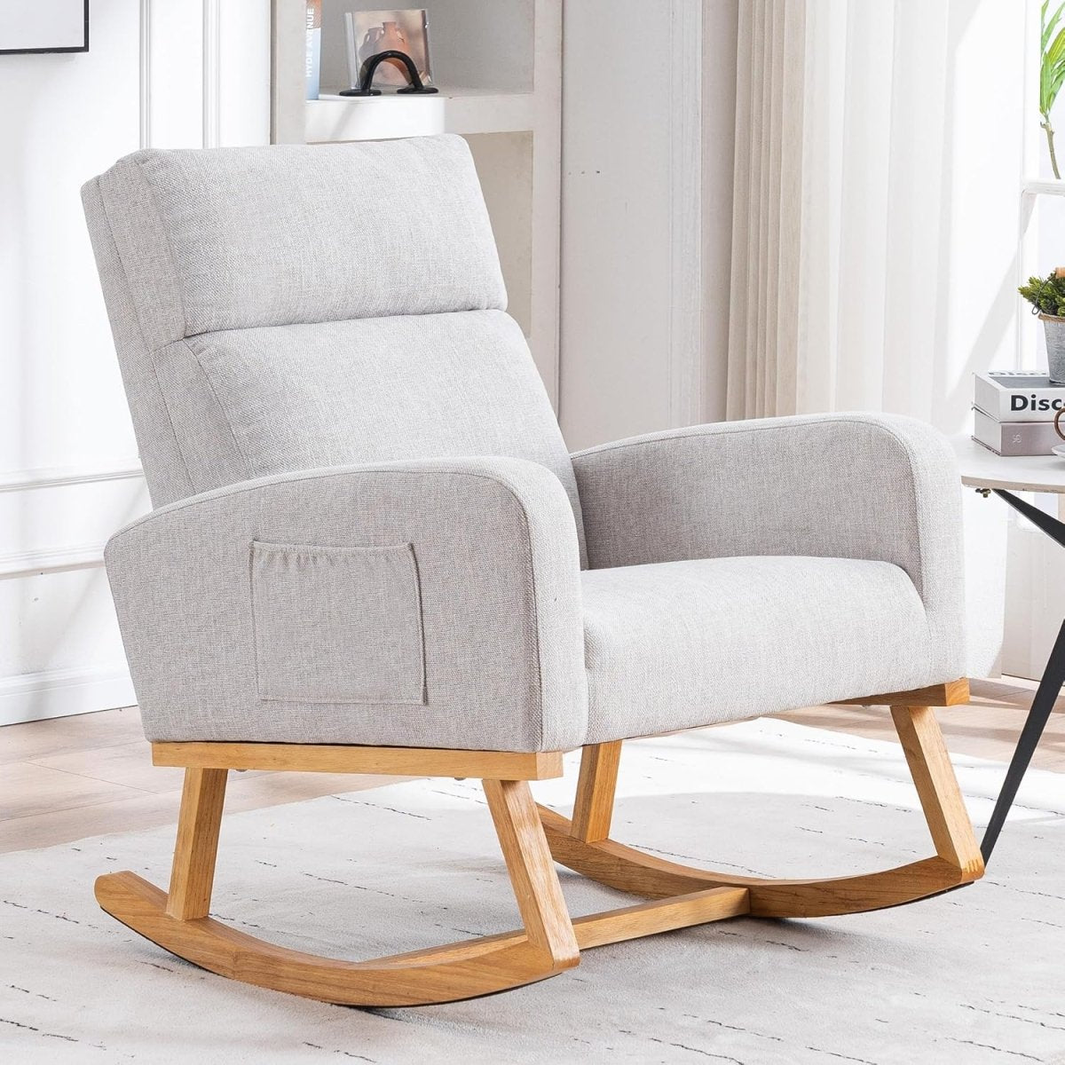Rocking Chair Nursery, Glider Rocking Chair for Nursing, Upholstered Nursery Rocker with Side Pocket and High Back for Living Room Bedroom,Teddy White - LittleTreasures