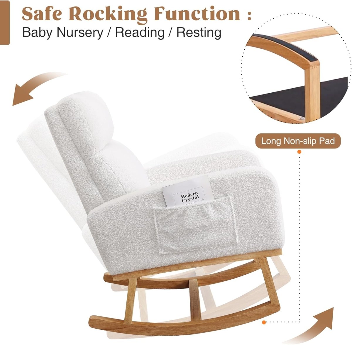 Rocking Chair Nursery, Glider Rocking Chair for Nursing, Upholstered Nursery Rocker with Side Pocket and High Back for Living Room Bedroom,Teddy White - LittleTreasures