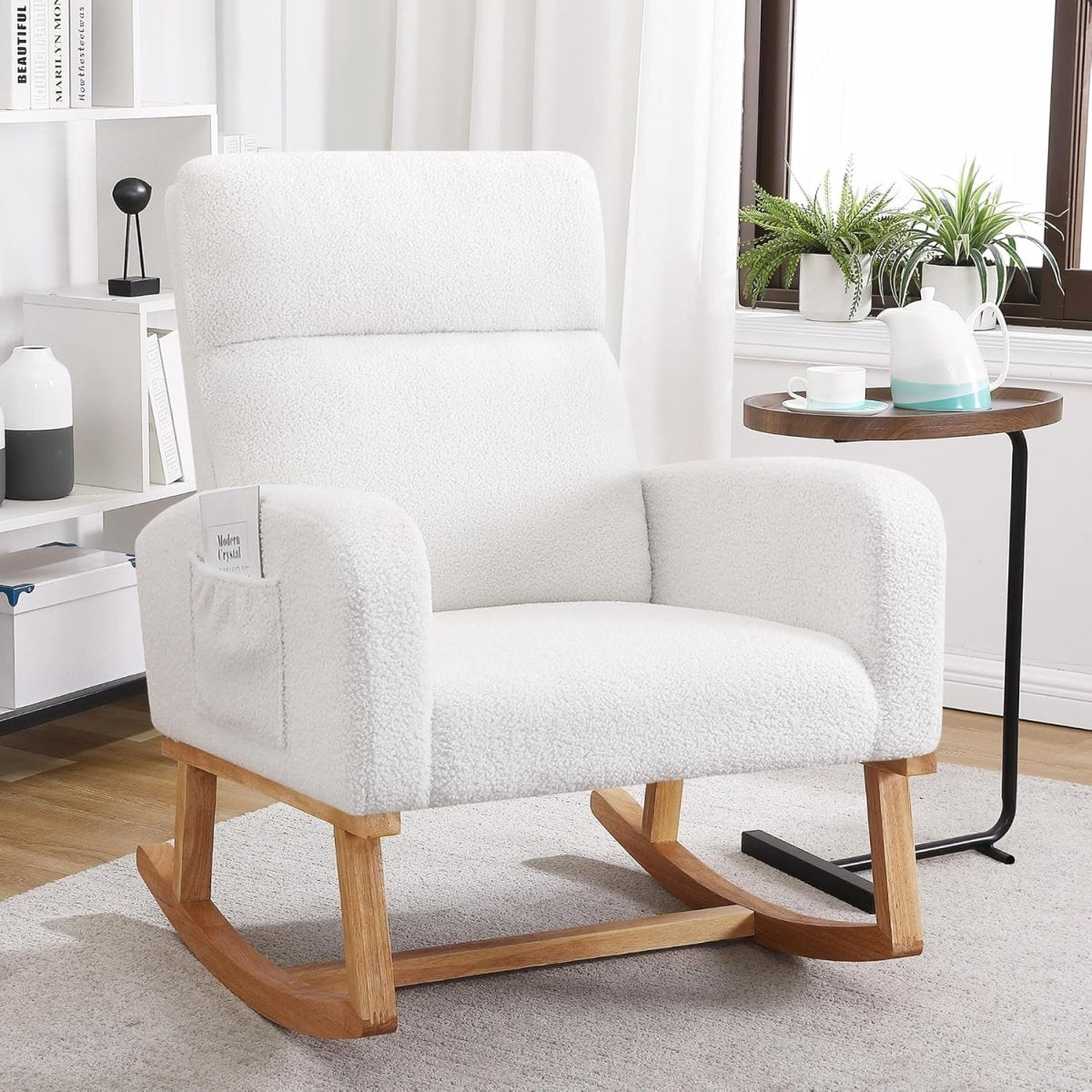 Rocking Chair Nursery, Glider Rocking Chair for Nursing, Upholstered Nursery Rocker with Side Pocket and High Back for Living Room Bedroom,Teddy White - LittleTreasures