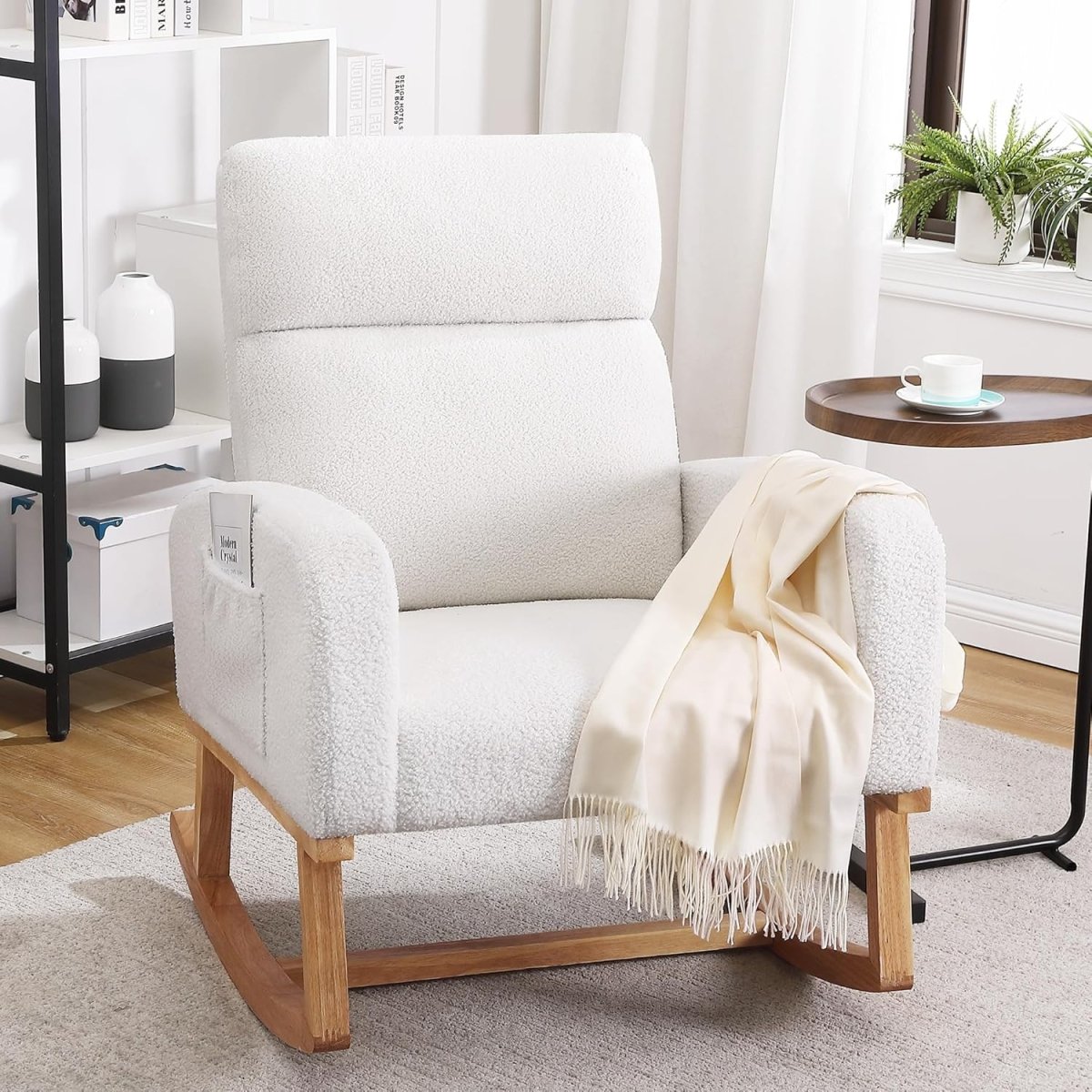 Rocking Chair Nursery, Glider Rocking Chair for Nursing, Upholstered Nursery Rocker with Side Pocket and High Back for Living Room Bedroom,Teddy White - LittleTreasures
