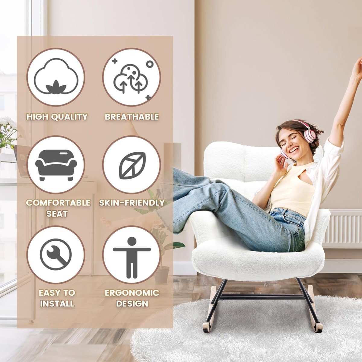 Rocking Chair Nursery Teddy Upholstered Glider Rocker Chair Padded Seat with High Backrest Armchair Comfy Nursing Chair Indoor for Living Room Bedroom, White - LittleTreasures