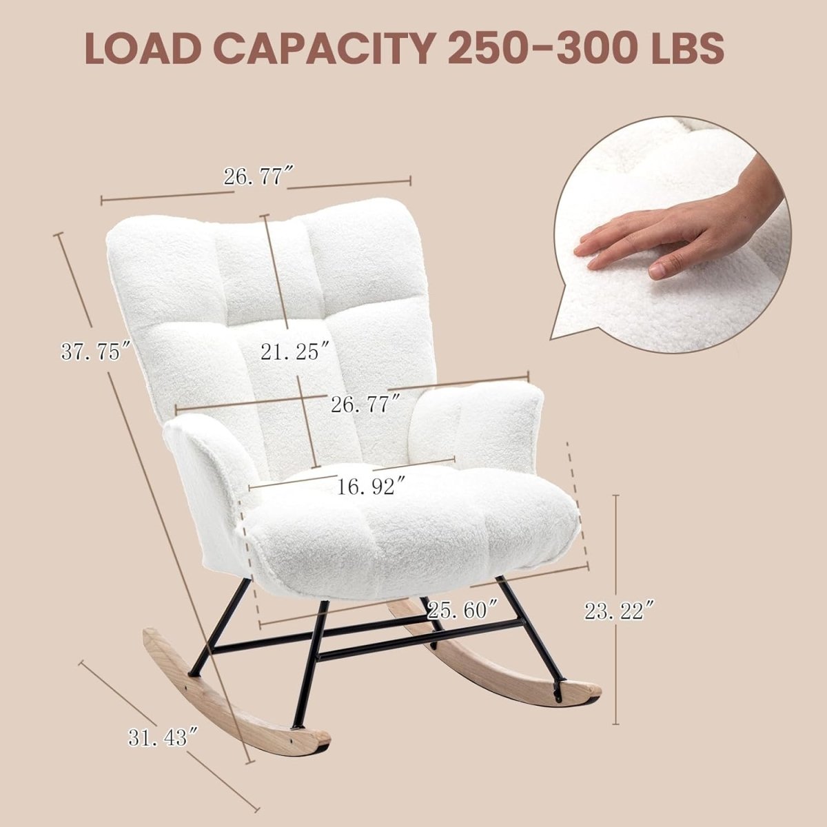 Rocking Chair Nursery Teddy Upholstered Glider Rocker Chair Padded Seat with High Backrest Armchair Comfy Nursing Chair Indoor for Living Room Bedroom, White - LittleTreasures